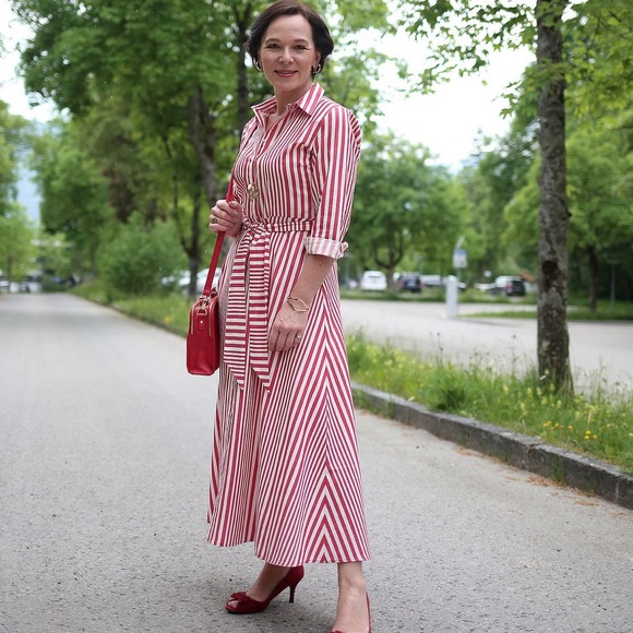 H&M Dresses Hm Redwhite Striped Shirt Midi Dress Poshmark